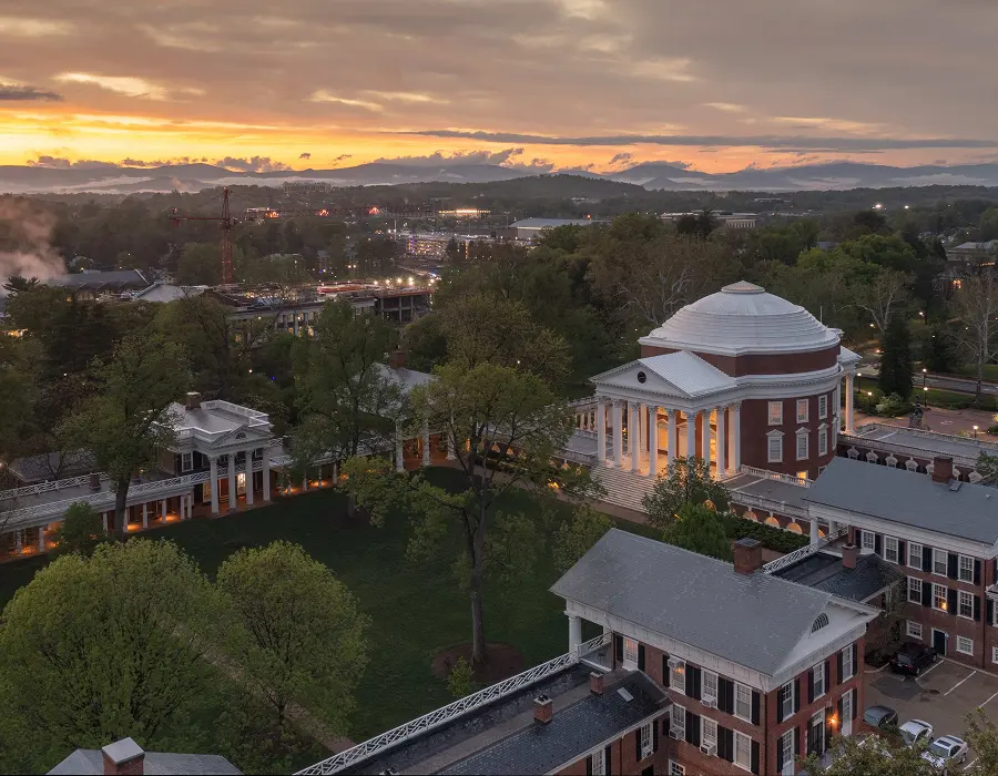 The UVA Rotunda lawn from an aerial view during the Summer